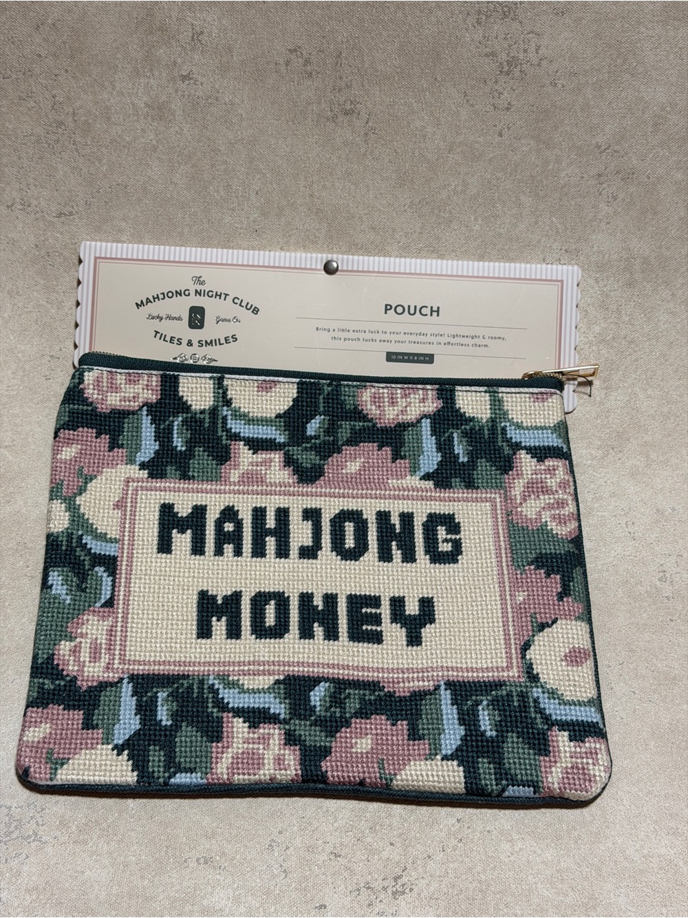 "Mahjong Money" Floral Needlepoint Pouch - Pink & Green
